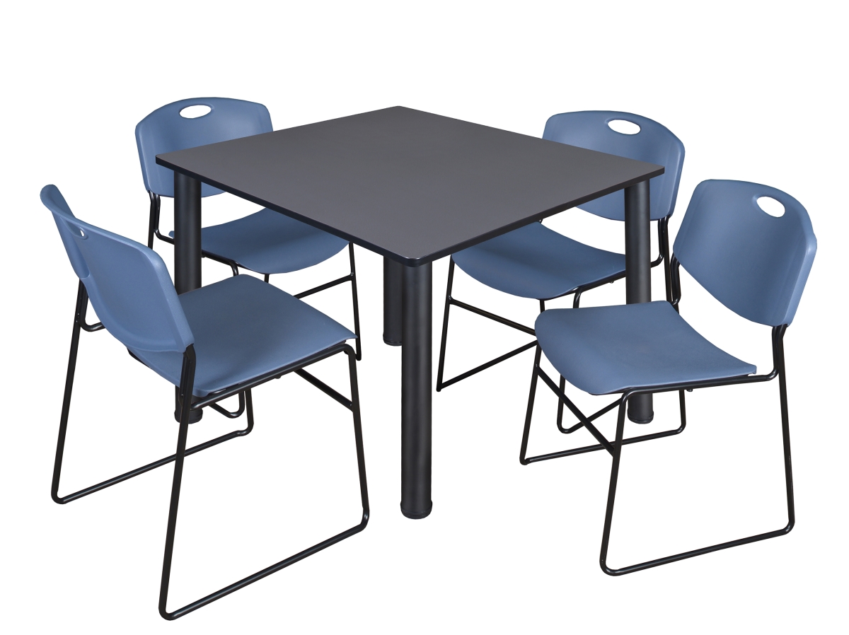 48 in. Kee Square Breakroom Table & 4 Zeng Stack Chairs, Grey, Black & Blue
