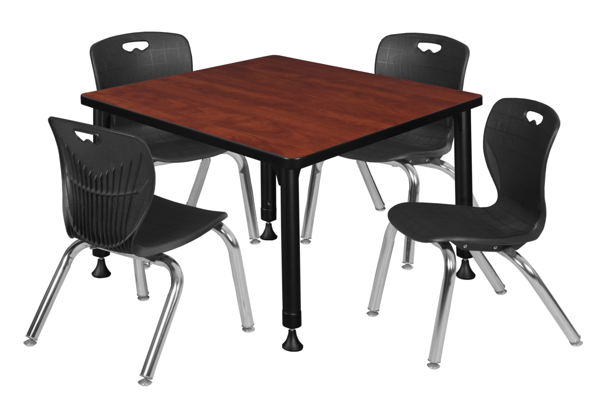 Kee 30 in. Square Height Adjustable Classroom Table - Cherry & 4 Andy 12-in Stack Chairs, Black