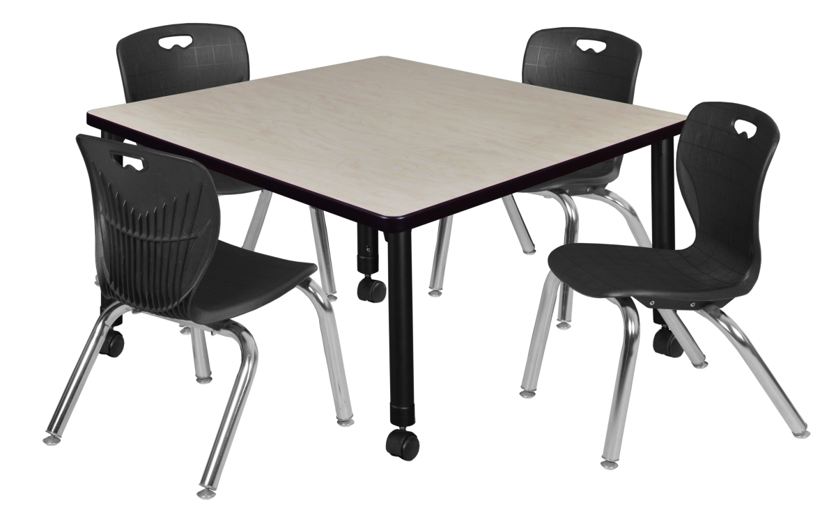TB3636PLAPCBK45BK Kee 36 in. Square Height Adjustable Mobile Classroom Table - Maple & 4 4 Andy 12-in Stack Chairs, Black