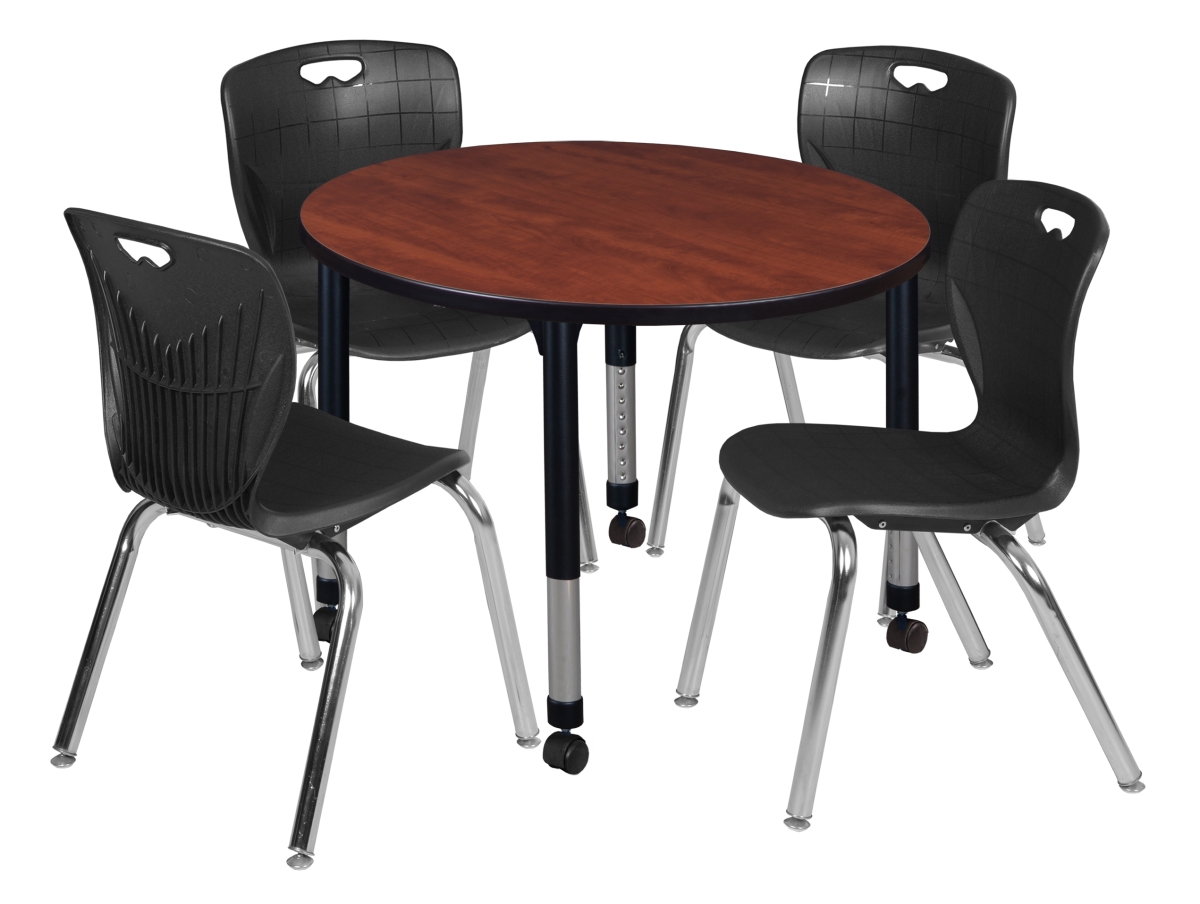 TB36RNDCHAPCBK40BK Kee 36 in. Cherry Round Height Adjustable Classroom Table & 18 in. Black 4 Andy Stack Chairs