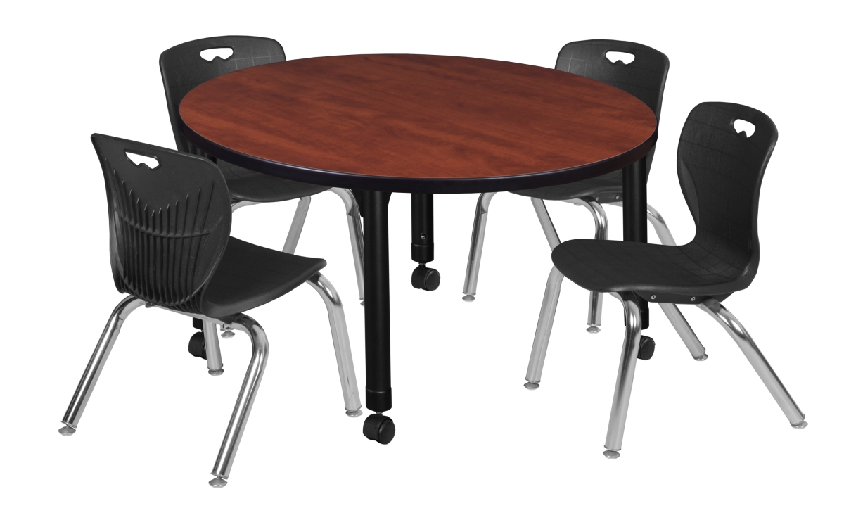 Kee 36 in. Round Height Adjustable Classroom Table - Cherry & 4 Andy 12-in Stack Chairs, Black