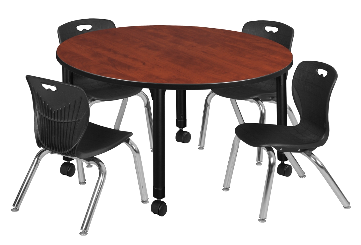 Kee 48 in. Round Height Adjustable Classroom Table - Cherry & 4 Andy 12-in Stack Chairs, Black