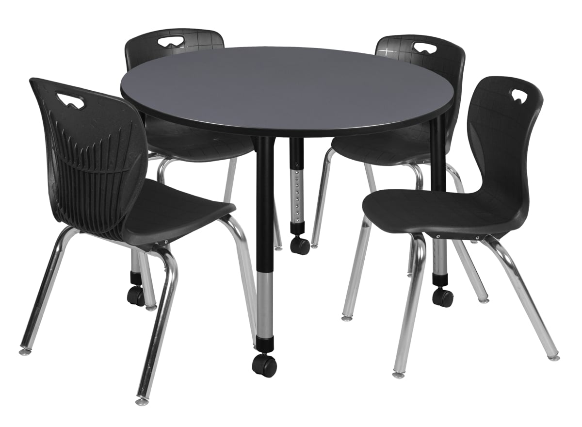 48 in. Gray Kee Round Height Adjustable Classroom Table with 4 18 in. Black Andy Stack Chairs