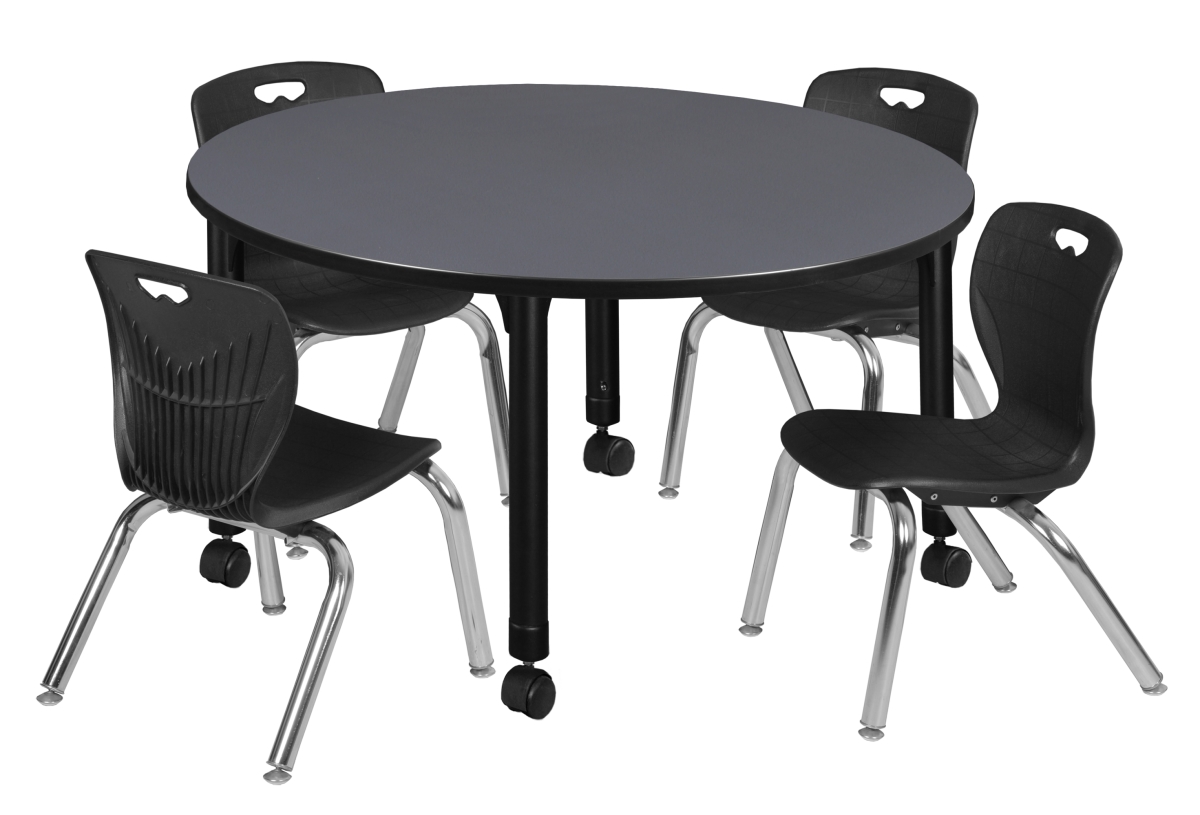 Kee 48 in. Round Height Adjustable Classroom Table - Grey & 4 Andy 12-in Stack Chairs, Black