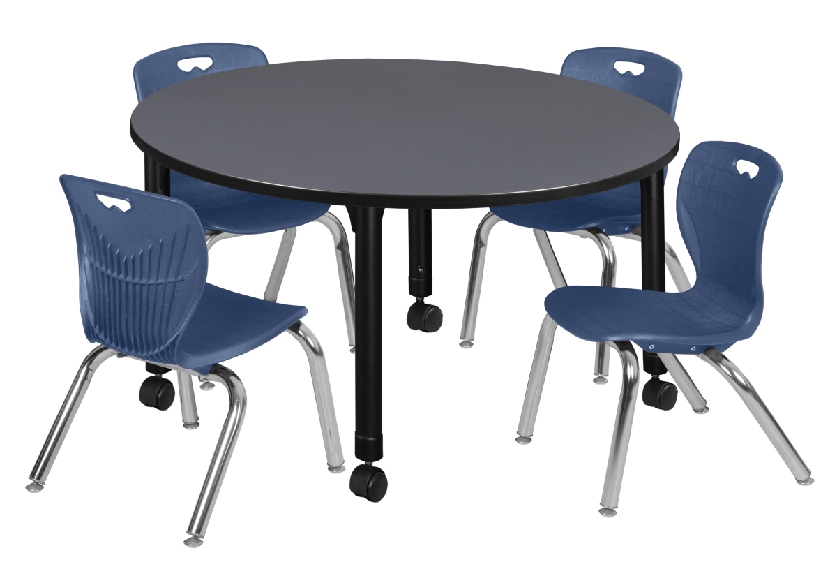 TB48RNDGYAPCBK45NV 48 in. Gray Kee Round Height Adjustable Classroom Table with 4 12 in. Navy Blue Andy Stack Chairs