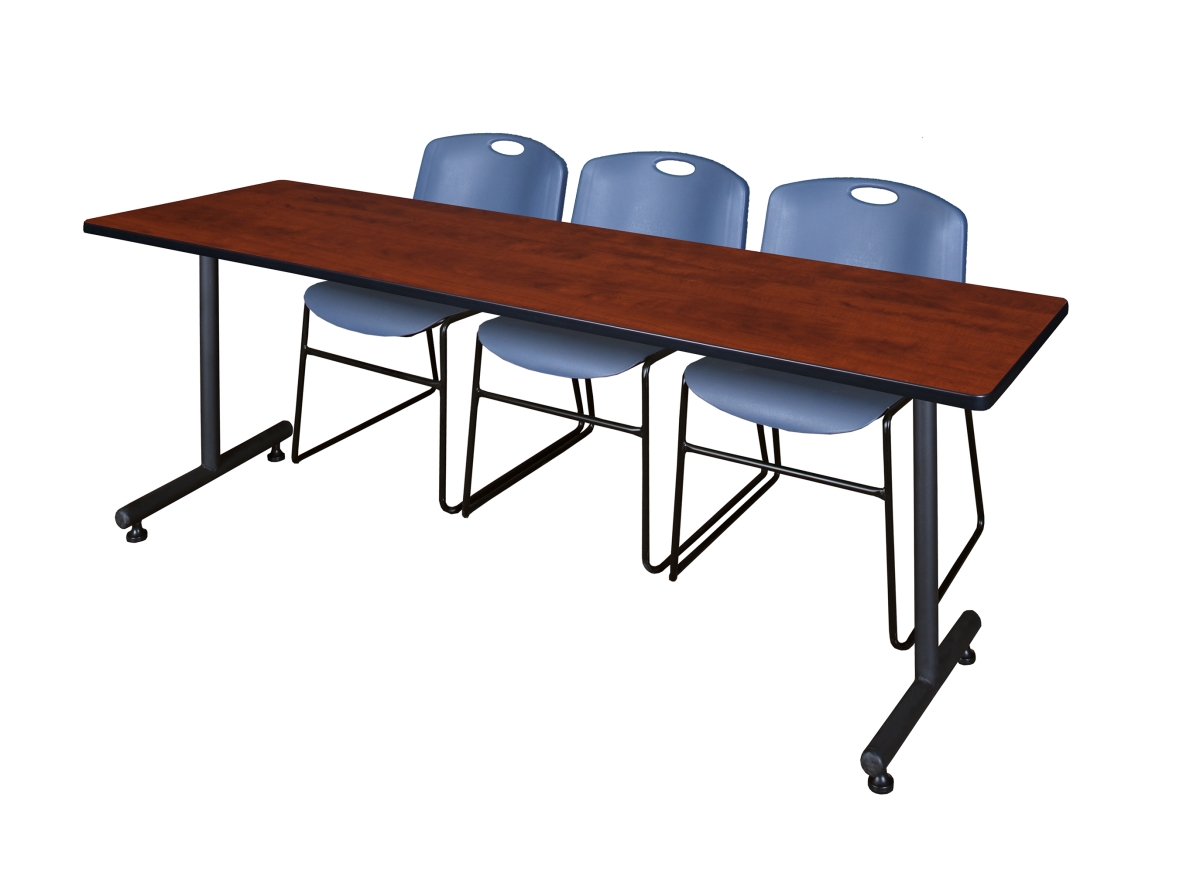 84 x 24 in. Kobe Training Table with Cherry & Blue 3 Zeng Stack Chairs
