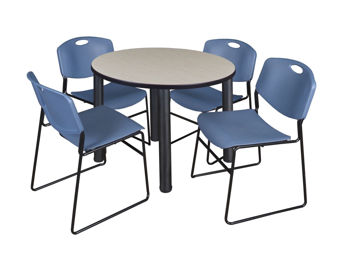 36 in. Kee Round Breakroom Table with Maple & Black & Blue 4 Zeng Stack Chairs