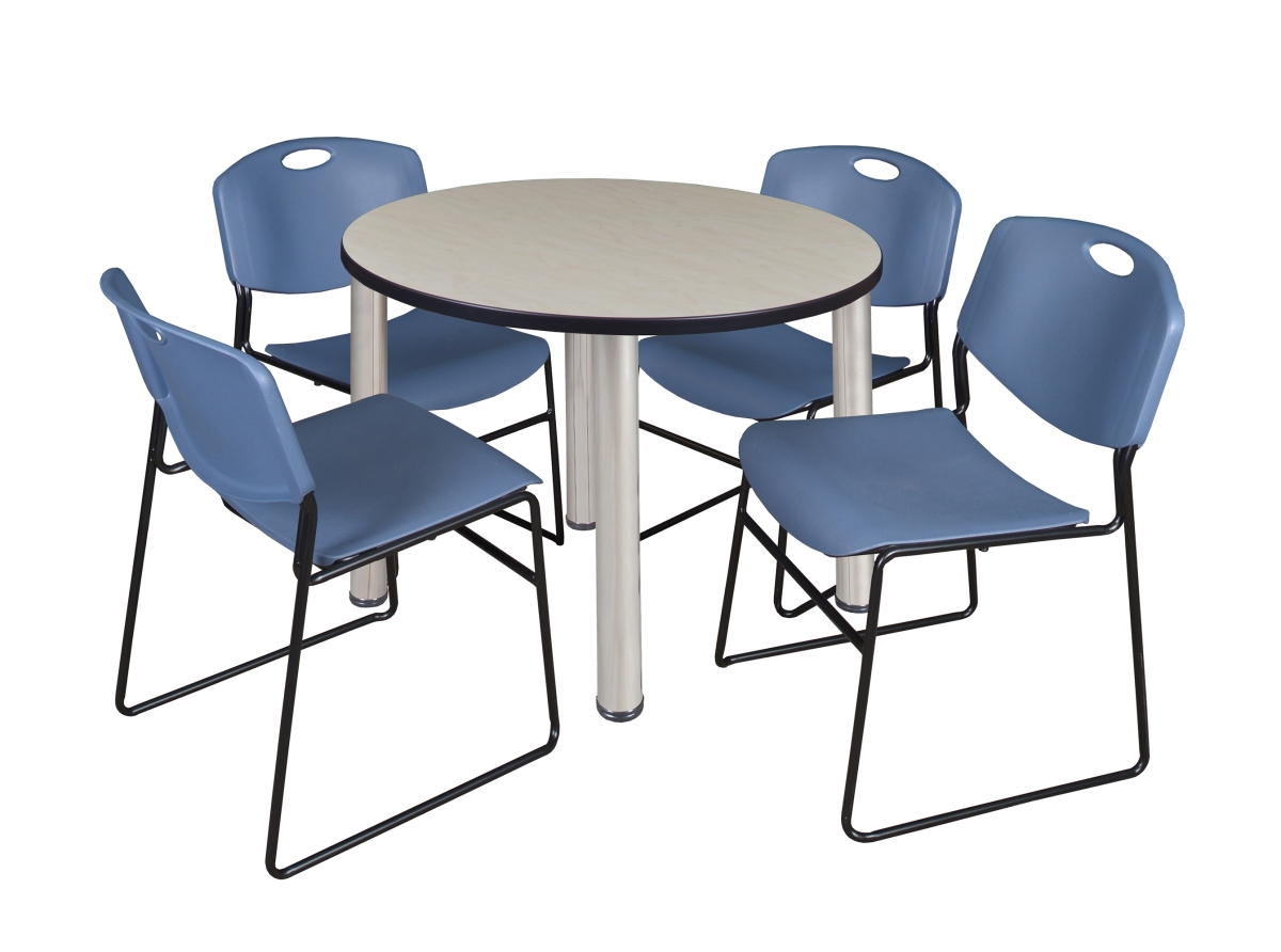 36 in. Kee Round Breakroom Table with Maple & Chrome & Blue 4 Zeng Stack Chairs