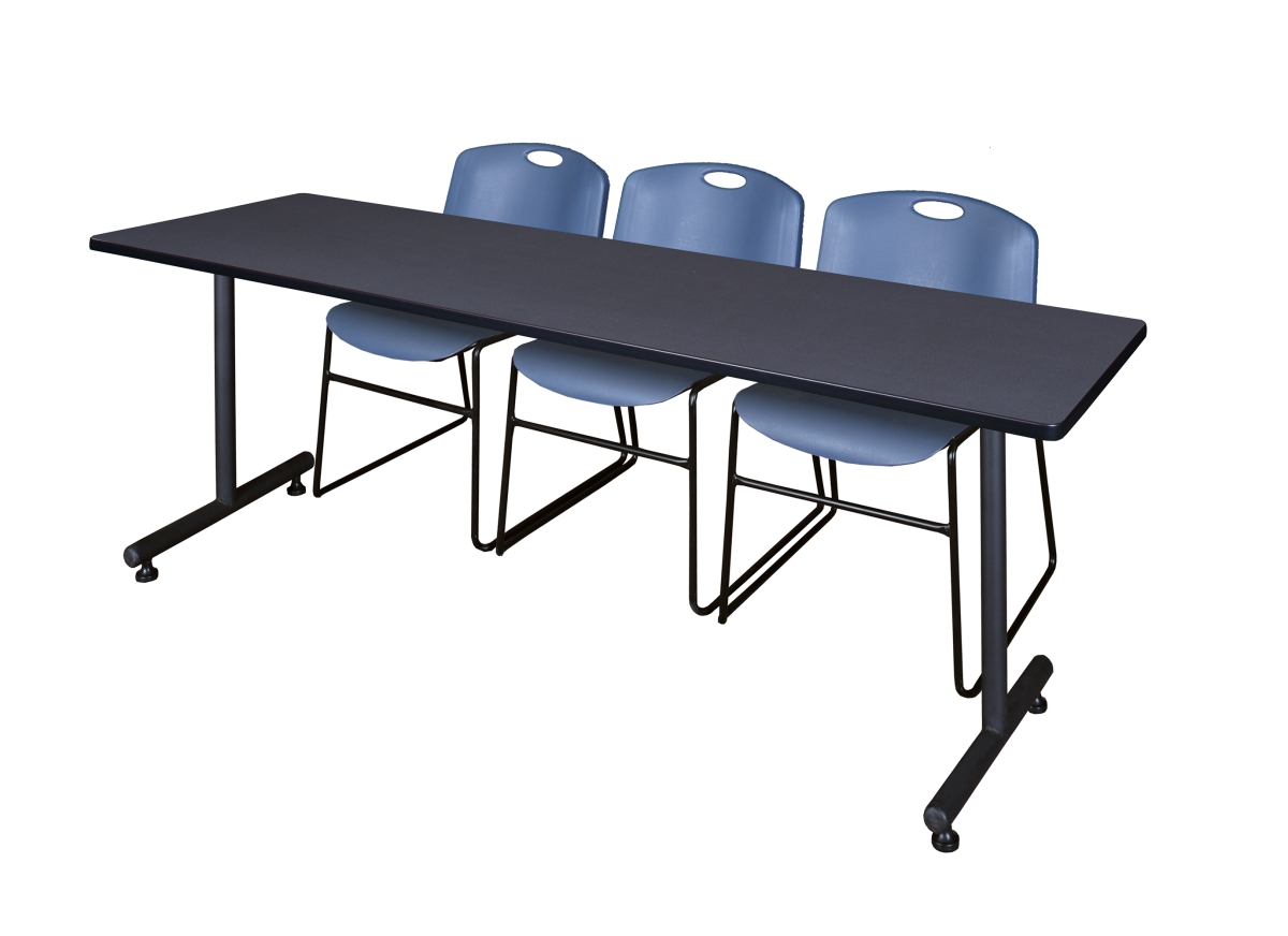 84 x 24 in. Kobe Training Table with Grey & Blue 3 Zeng Stack Chairs