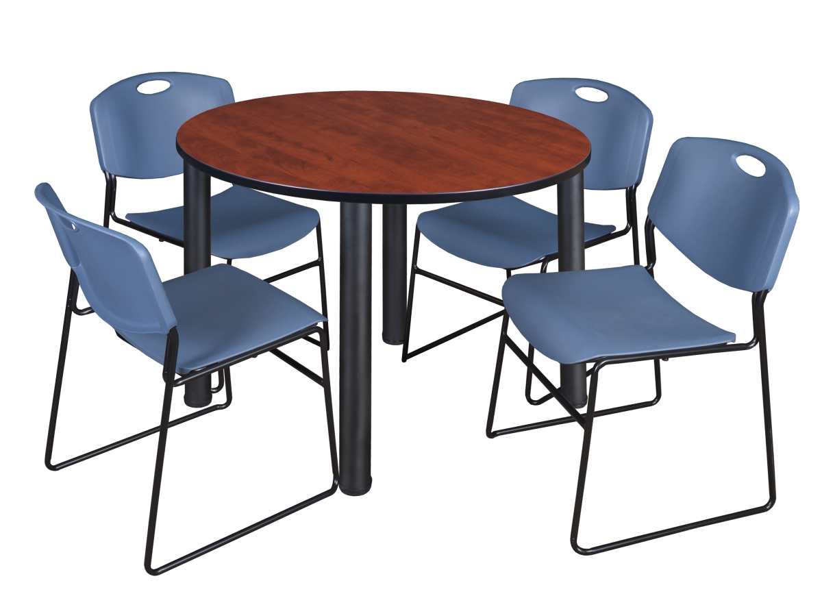Cherry 48 in. Kee Round Breakroom Table with & Black & Blue 4 Zeng Stack Chairs