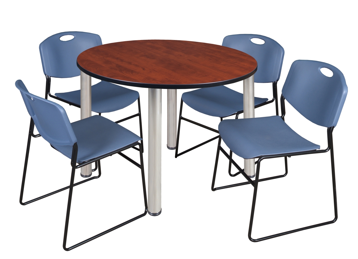 Cherry 48 in. Kee Round Breakroom Table with Chrome & Blue 4 Zeng Stack Chairs