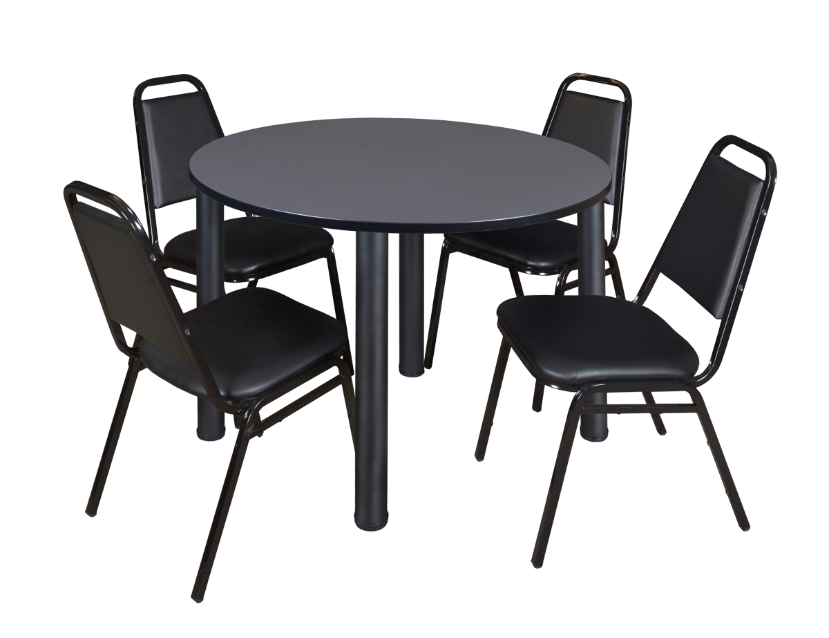 48 in. Gray & Black Kee Round Breakroom Table with 4 Black Restaurant Stack Chairs -  GSI Homestyles, HO3745445