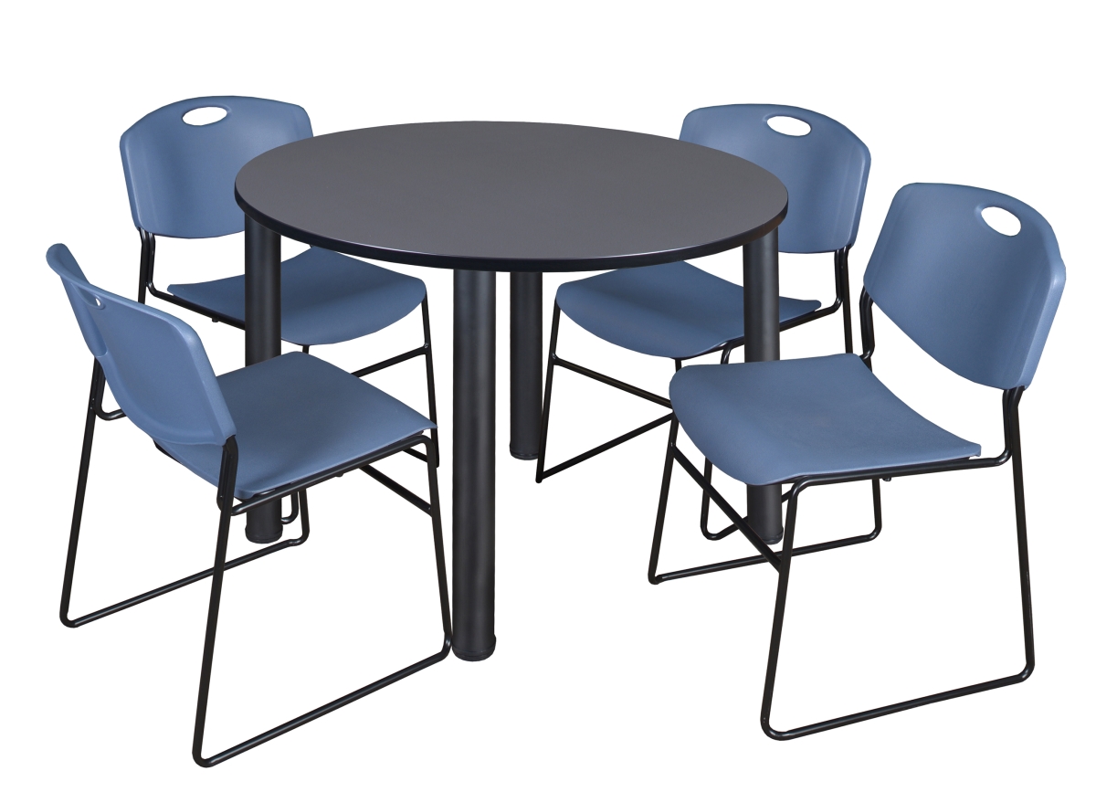 48 in. Kee Round Breakroom Table with Grey & Black 4 Zeng Stack Chair, Blue