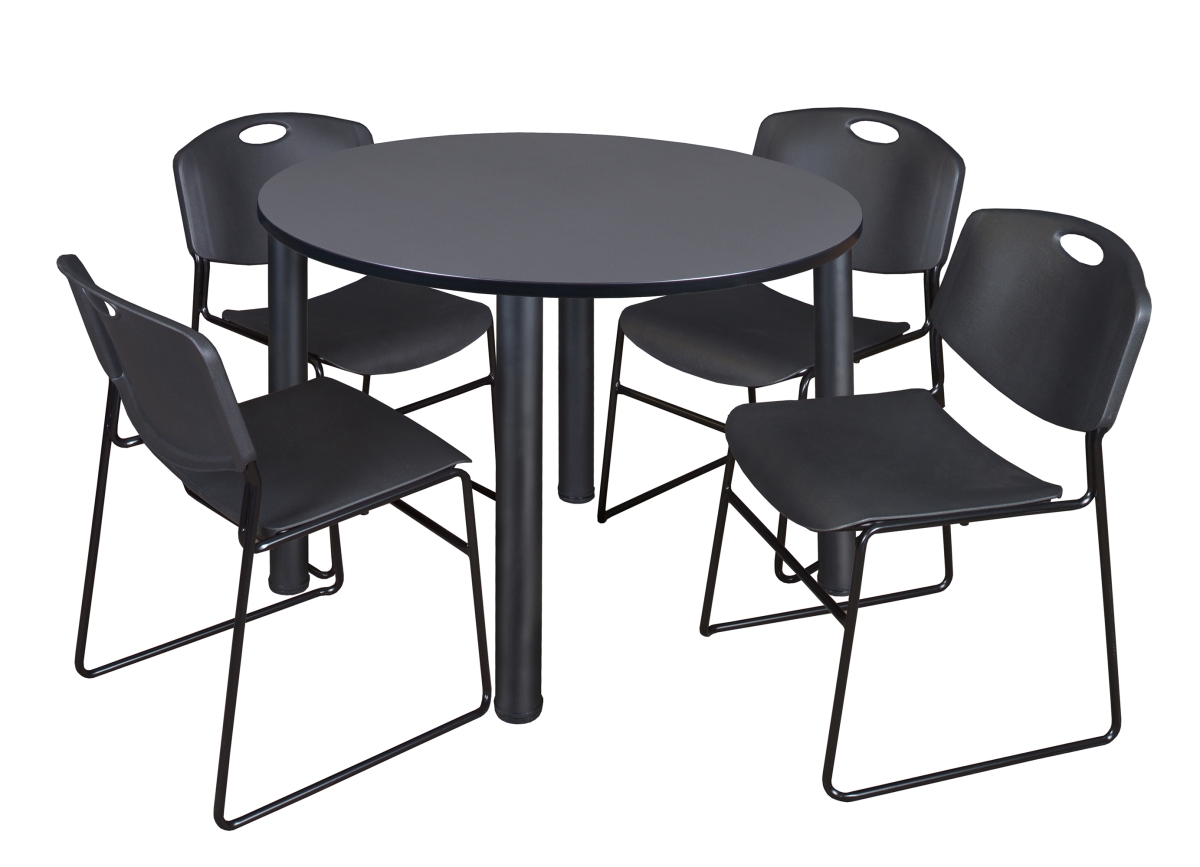 48 in. Gray & Black Kee Round Breakroom Table with 4 Black Zeng Stack Chairs -  GSI Homestyles, HO3745446