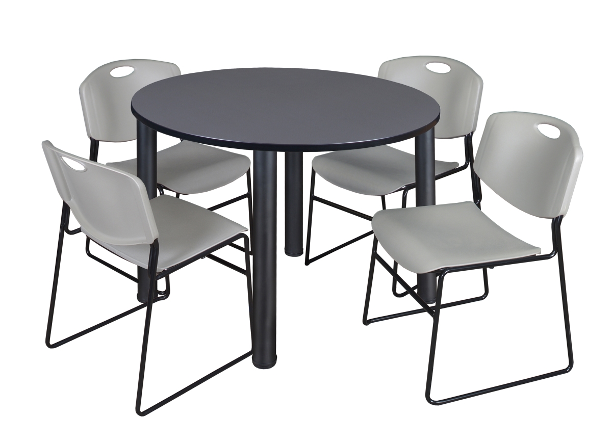 48 in. Gray & Black Kee Round Breakroom Table with 4 Gray Zeng Stack Chairs -  GSI Homestyles, HO3732885