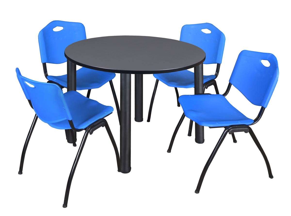 48 in. Kee Round Breakroom Table - Grey & Black & 4 M Stack Chairs - Blue