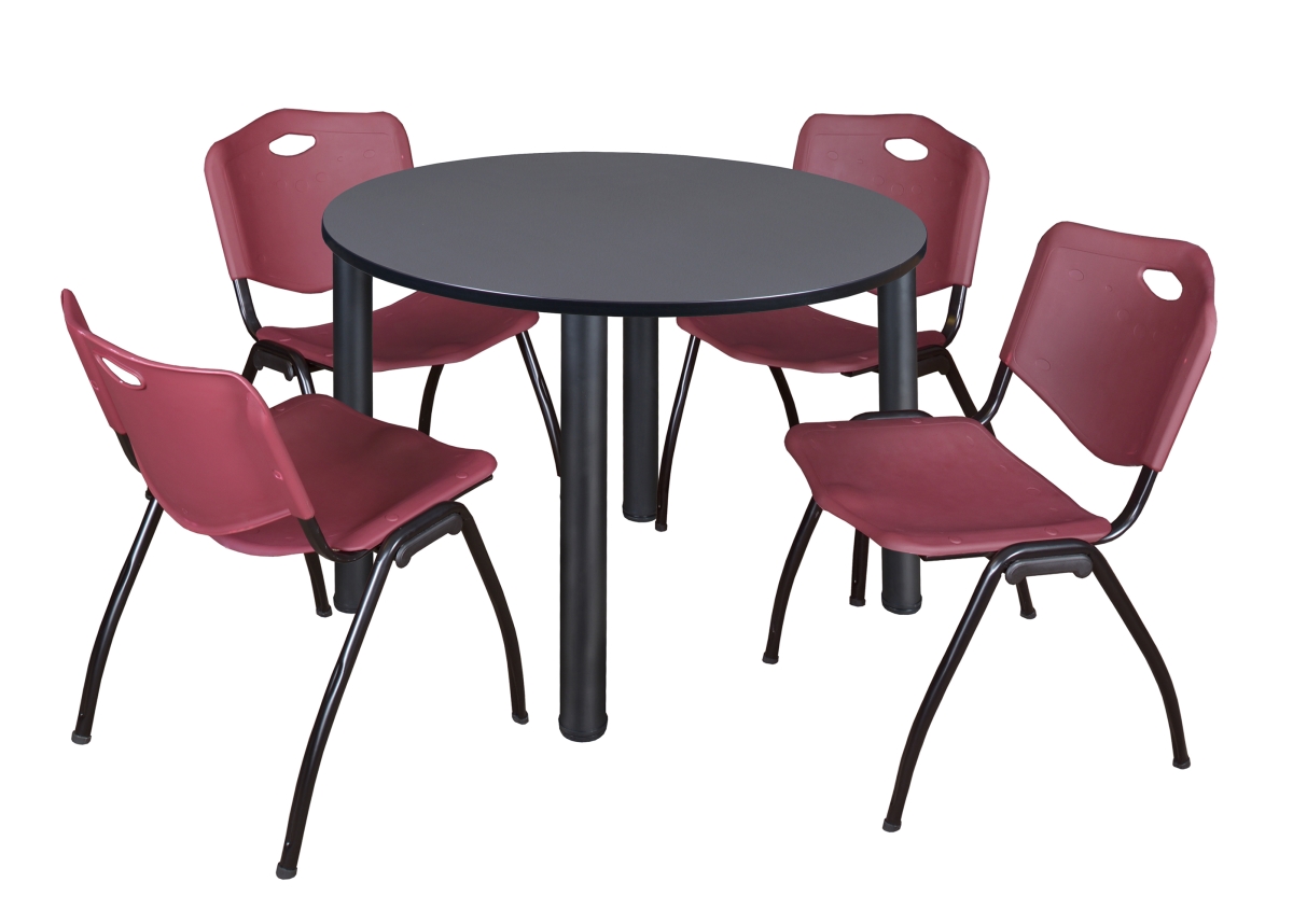 48 in. Gray & Black Kee Round Breakroom Table with 4 Burgundy M Stack Chairs -  GSI Homestyles, HO3755434