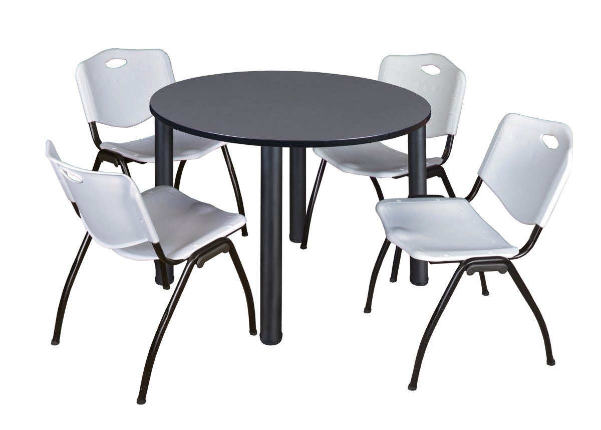 48 in. Gray & Black Kee Round Breakroom Table with 4 Gray M Stack Chairs