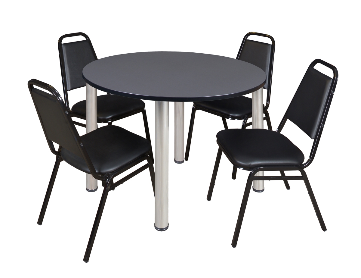 48 in. Gray & Chrome Kee Round Breakroom Table with 4 Black Restaurant Stack Chairs -  GSI Homestyles, HO3725008