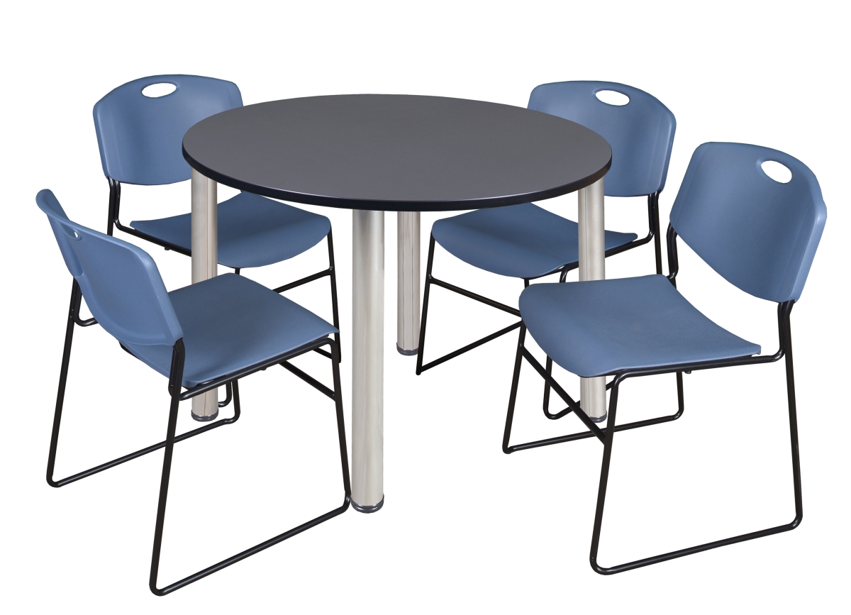 48 in. Kee Round Breakroom Table with Grey & Chrome 4 Zeng Stack Chair, Blue