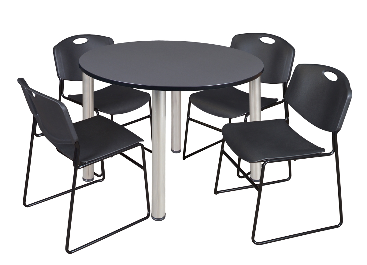 48 in. Gray & Chrome Kee Round Breakroom Table with 4 Black Zeng Stack Chairs -  GSI Homestyles, HO3725828