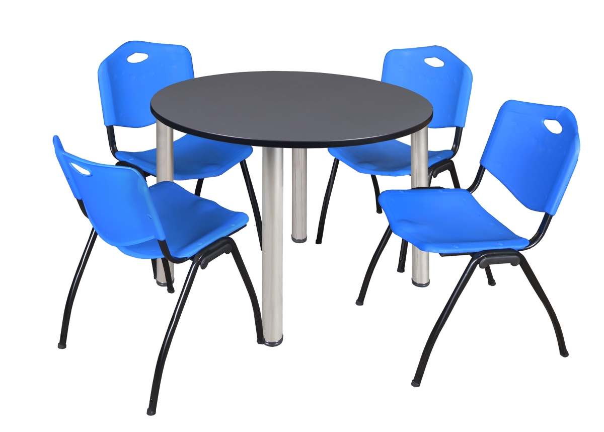 48 in. Kee Round Breakroom Table - Grey & Chrome & 4 M Stack Chairs - Blue
