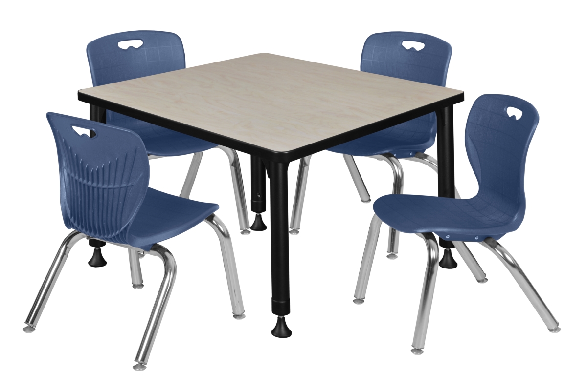 Kee 30 in. Square Maple Height Adjustable Classroom Table & 12 in. Navy Blue 4 Andy Stack Chairs