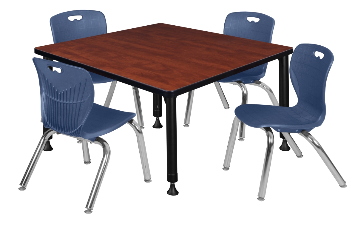 Kee 36 in. Cherry Square Height Adjustable Classroom Table & 12 in. Navy Blue 4 Andy Stack Chairs