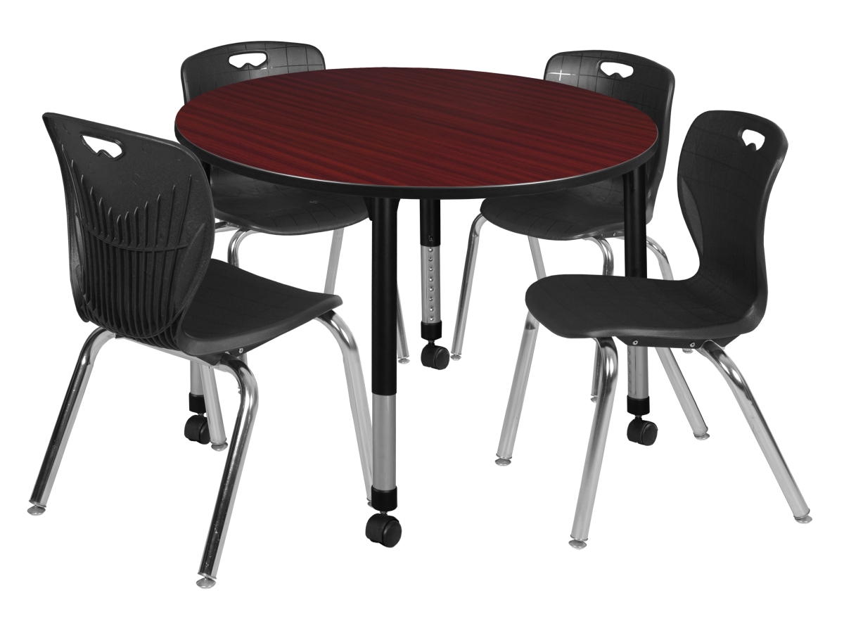 TB48RNDMHAPCBK40BK Kee 48 in. Mahogany Round Height Adjustable Classroom Table & 18 in. Black 4 Andy Stack Chairs -  Regency