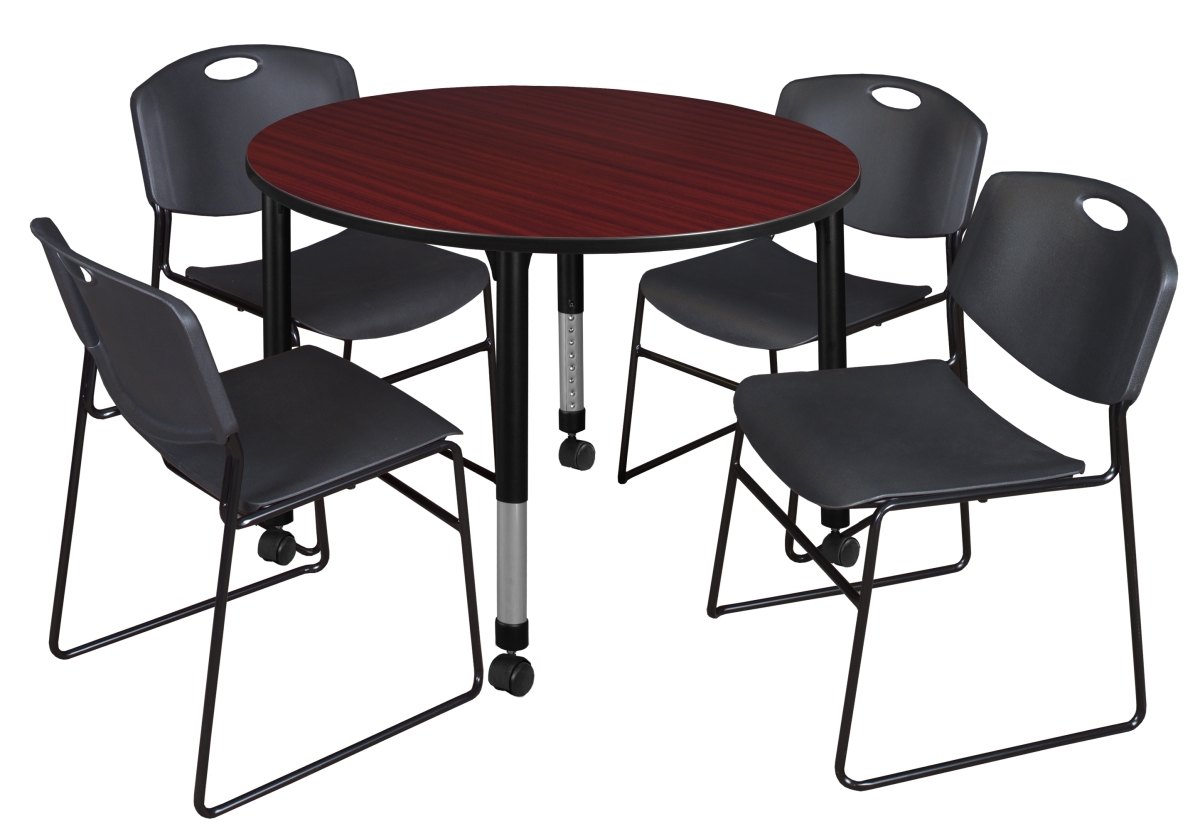 TB48RNDMHAPCBK44BK 48 in. Kee Round Height Adjustable Mobile Classroom Table with 4 Zeng Stack Chairs, Mahogany & Black -  Regency