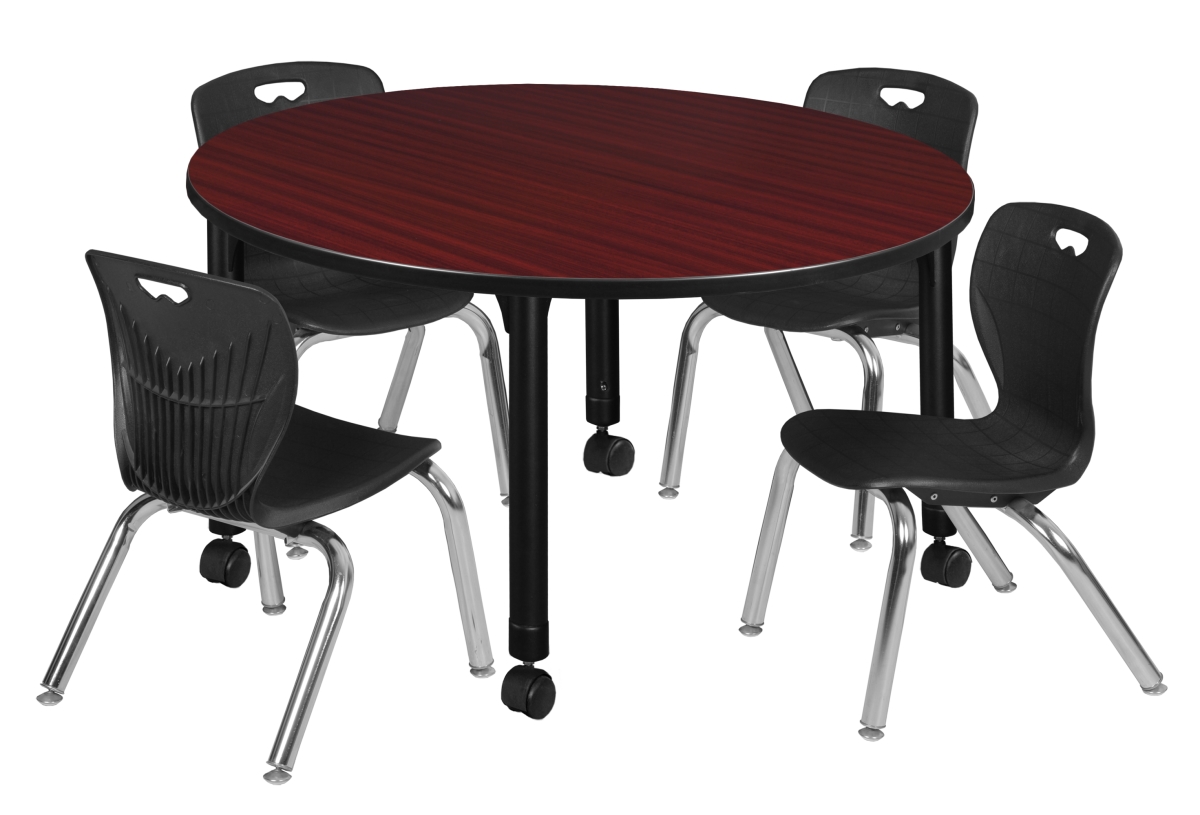 TB48RNDMHAPCBK45BK 48 in. Kee Round Height Adjustable Classroom Table with 12 in. 4 Andy Stack Chairs, Mahogany, Chrome & Black -  Regency