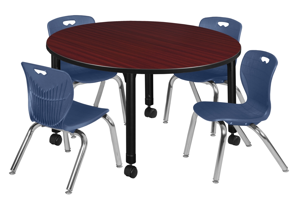 48 in. Kee Round Height Adjustable Classroom Table - Mahogany & 4 Andy 12-in Stack Chairs, Navy Blue