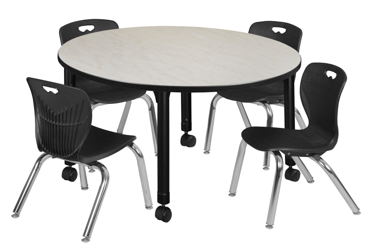 Kee 48 in. Round Height Adjustable Classroom Table - Maple & 4 Andy 12-in Stack Chairs, Black