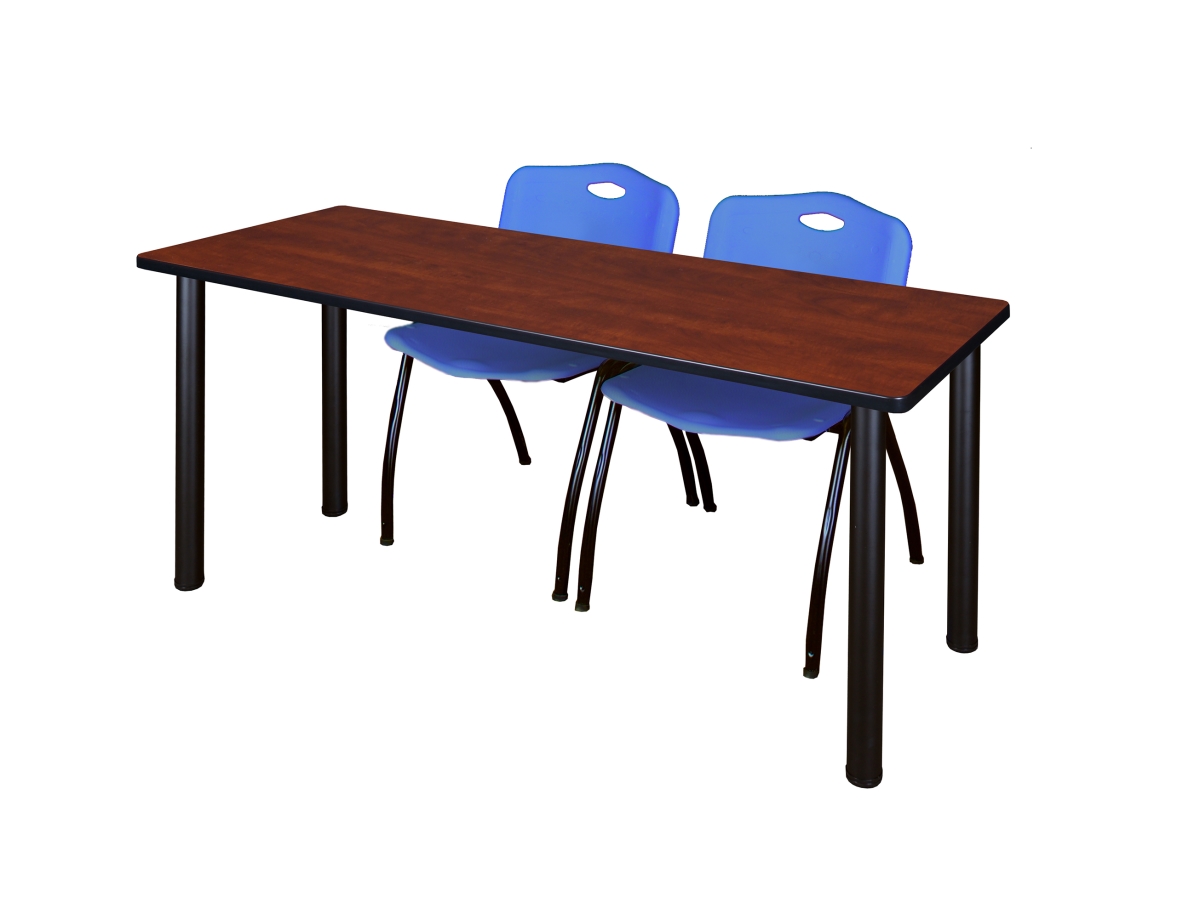 Cherry 60 x 24 in. Kee Training Table with Black & Blue 2 M Stack Chairs