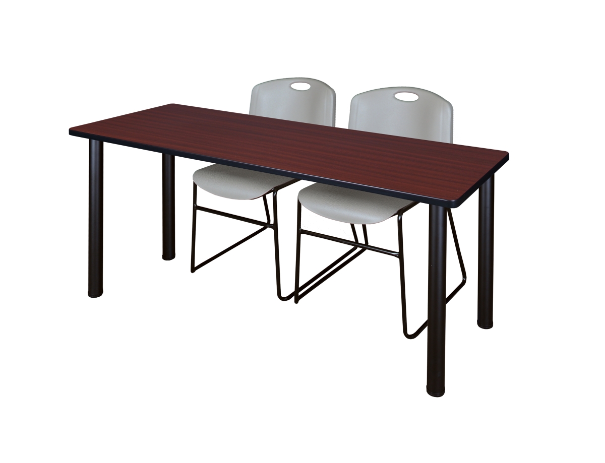 Mahogany 66 x 24 in. Kee Training Table with Black & Grey 2 Zeng Stack Chairs