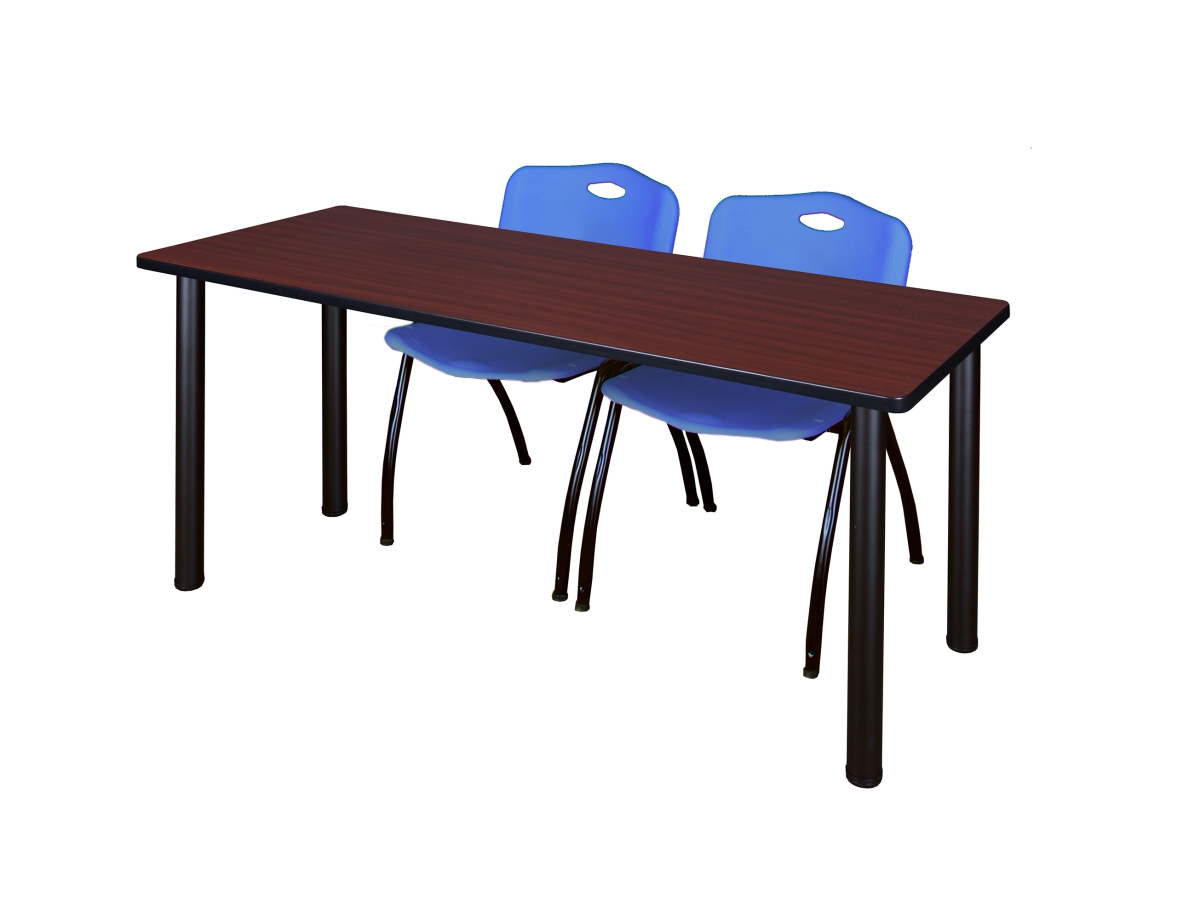 Mahogany 66 x 24 in. Kee Training Table with Black & Blue 2 M Stack Chairs