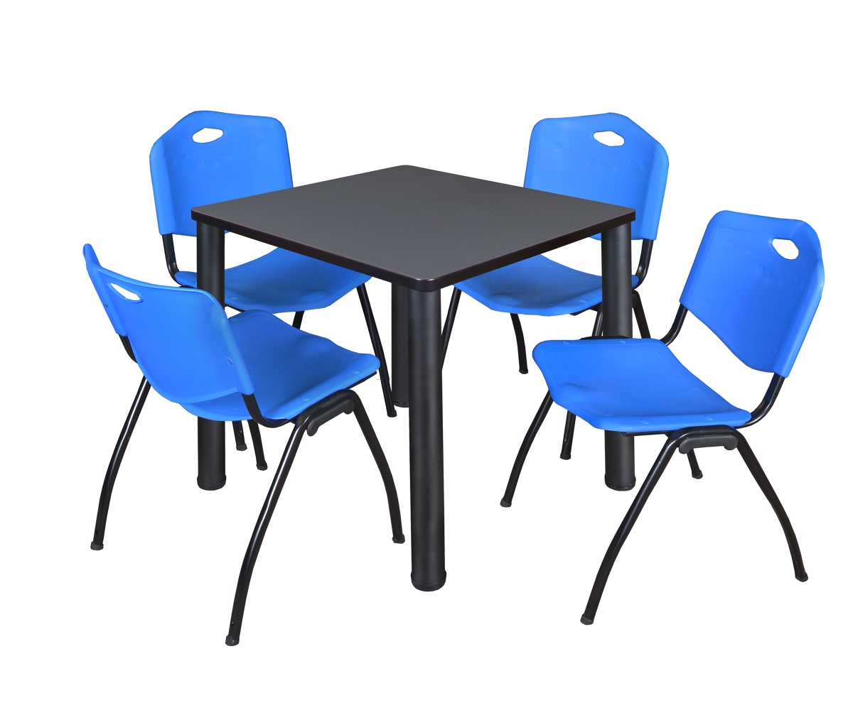 Grey 30 in. Kee Square Breakroom Table with Black & Blue 4 M Stack Chairs