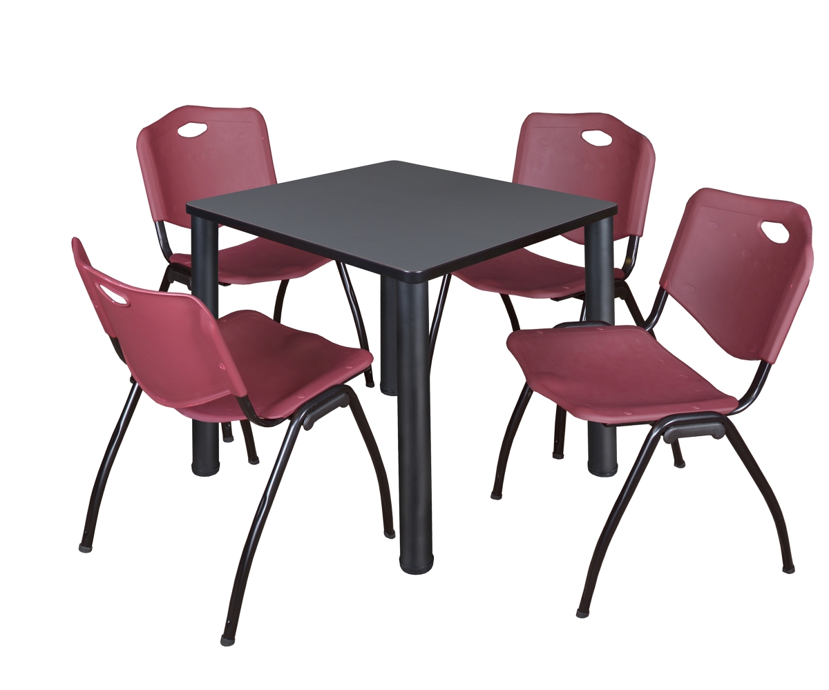 Grey 30 in. Kee Square Breakroom Table with Black & Burgundy 4 M Stack Chairs
