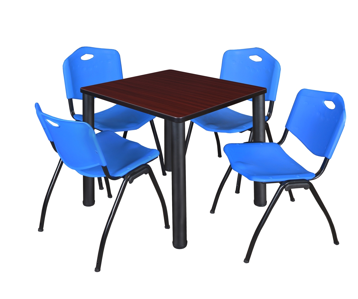 Mahogany 30 in. Kee Square Breakroom Table with Black & Blue 4 M Stack Chairs