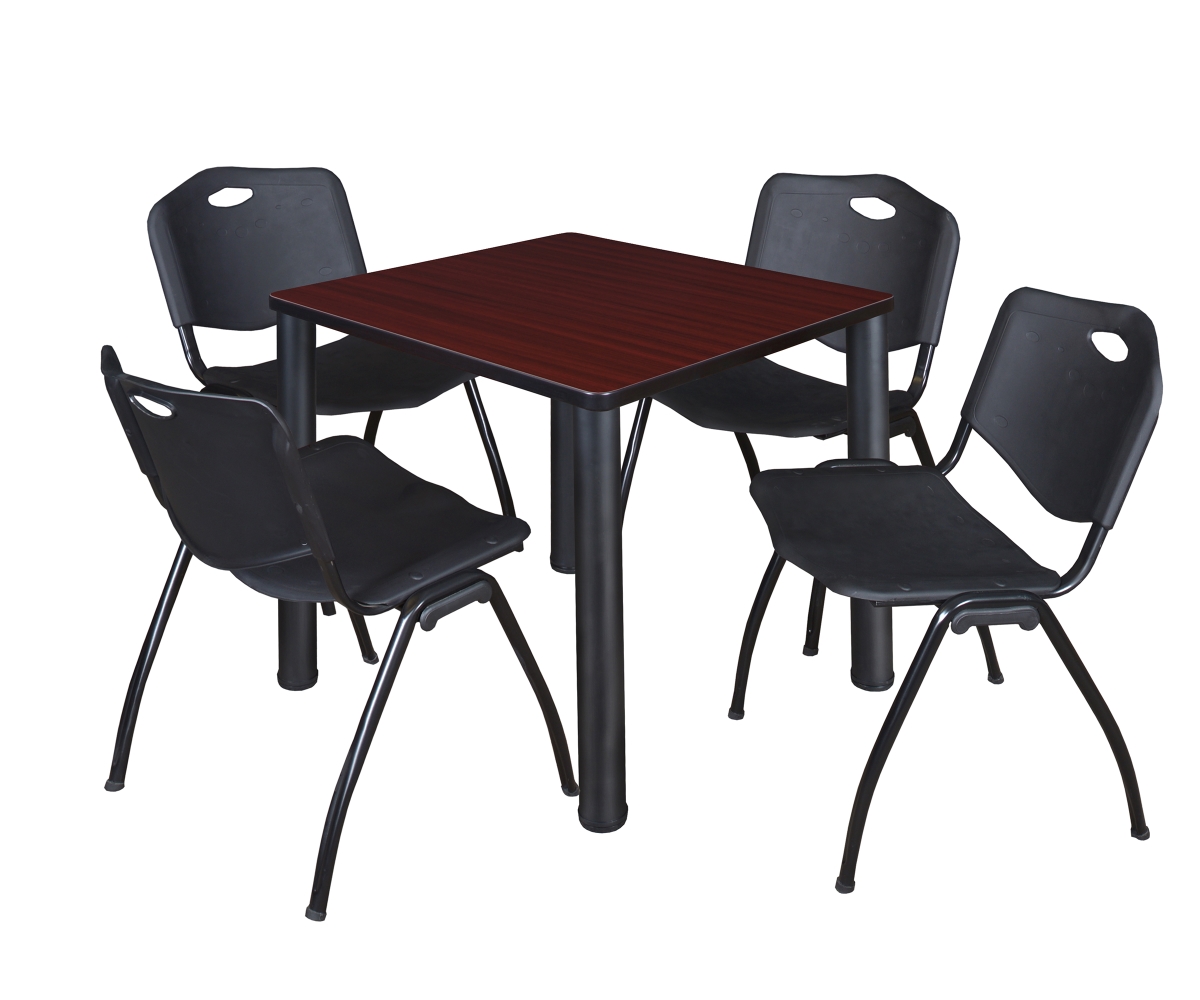 Mahogany 30 in. Kee Square Breakroom Table with Black & 4 M Stack Chairs