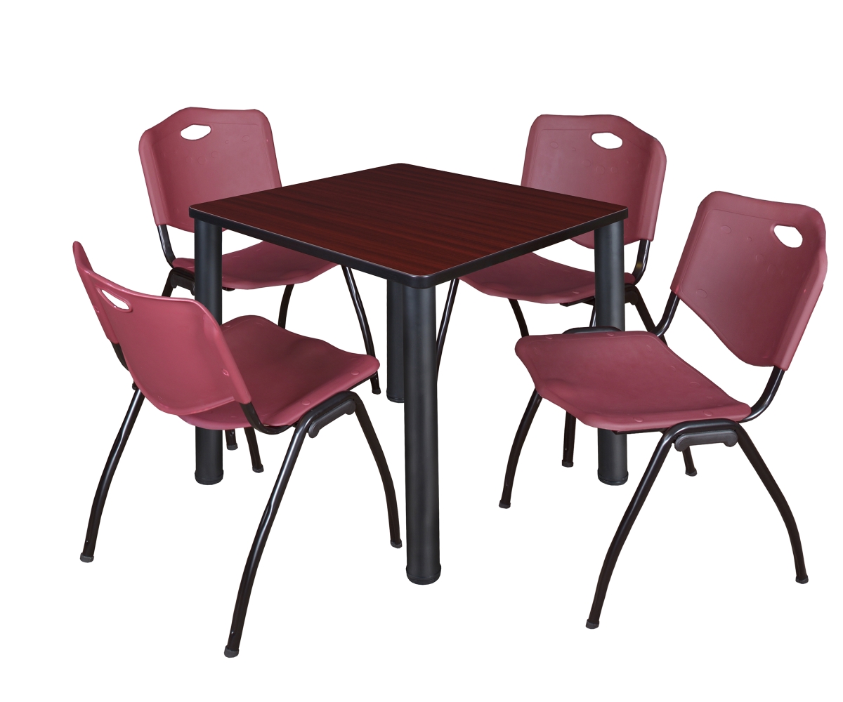 Mahogany 30 in. Kee Square Breakroom Table with Black & Burgundy 4 M Stack Chairs