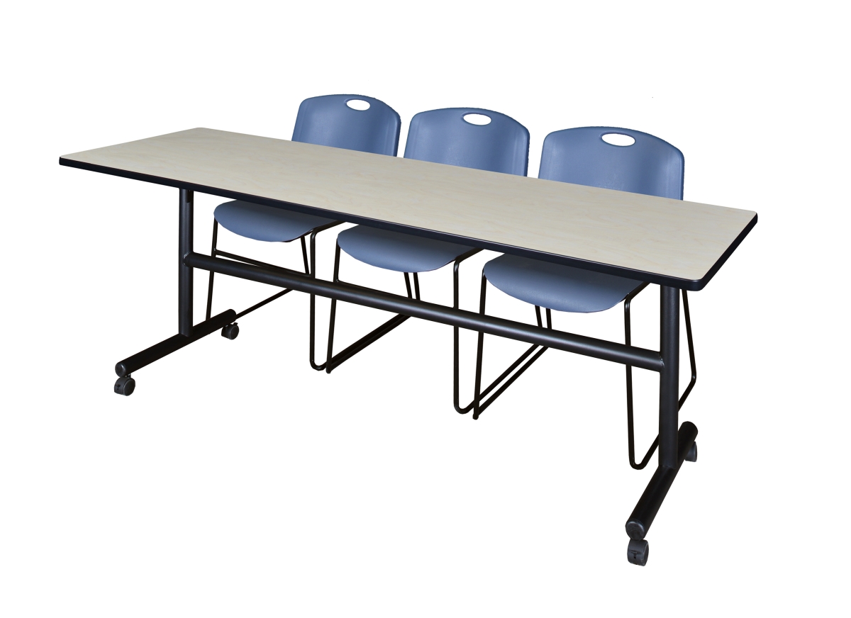 84 in. Kobe Flip Top Mobile Training Table with Maple & Blue 3 Zeng Stack Chairs