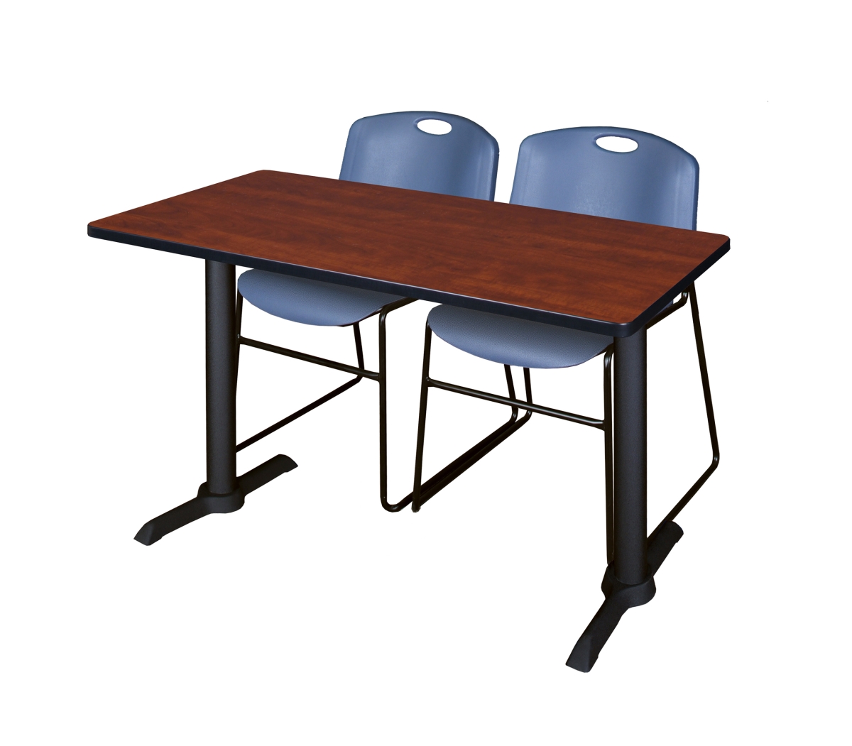 48 x 24 in. Cain Training Table with Cherry & Blue 2 Zeng Stack Chairs