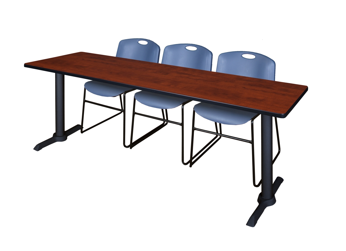 84 x 24 in. Cain Training Table with Cherry & Blue 3 Zeng Stack Chairs