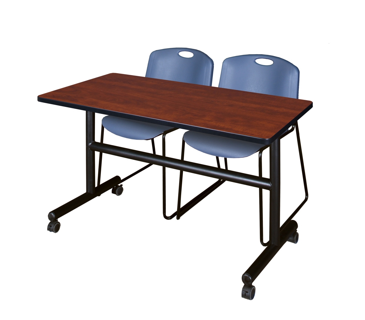 48 in. Kobe Flip Top Mobile Training Table with Cherry & Blue 2 Zeng Stack Chairs