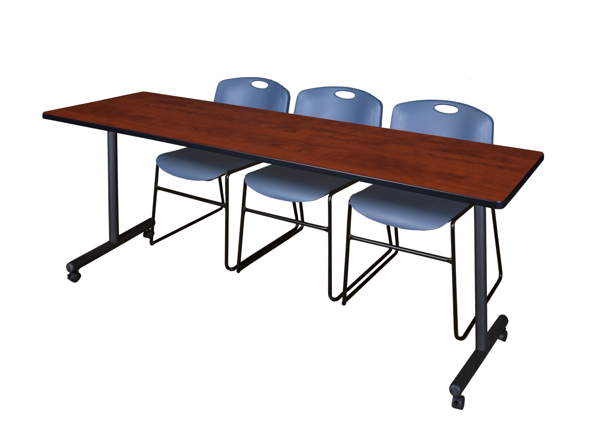 84 x 24 in. Kobe Mobile Training Table with Cherry & Blue 3 Zeng Stack Chairs