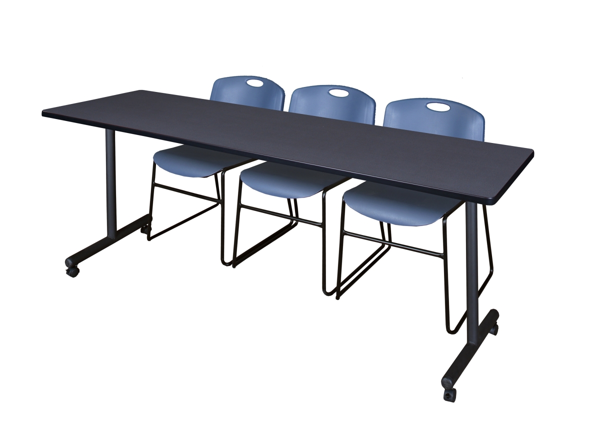84 x 24 in. Kobe Mobile Training Table with Grey & Blue 3 Zeng Stack Chairs