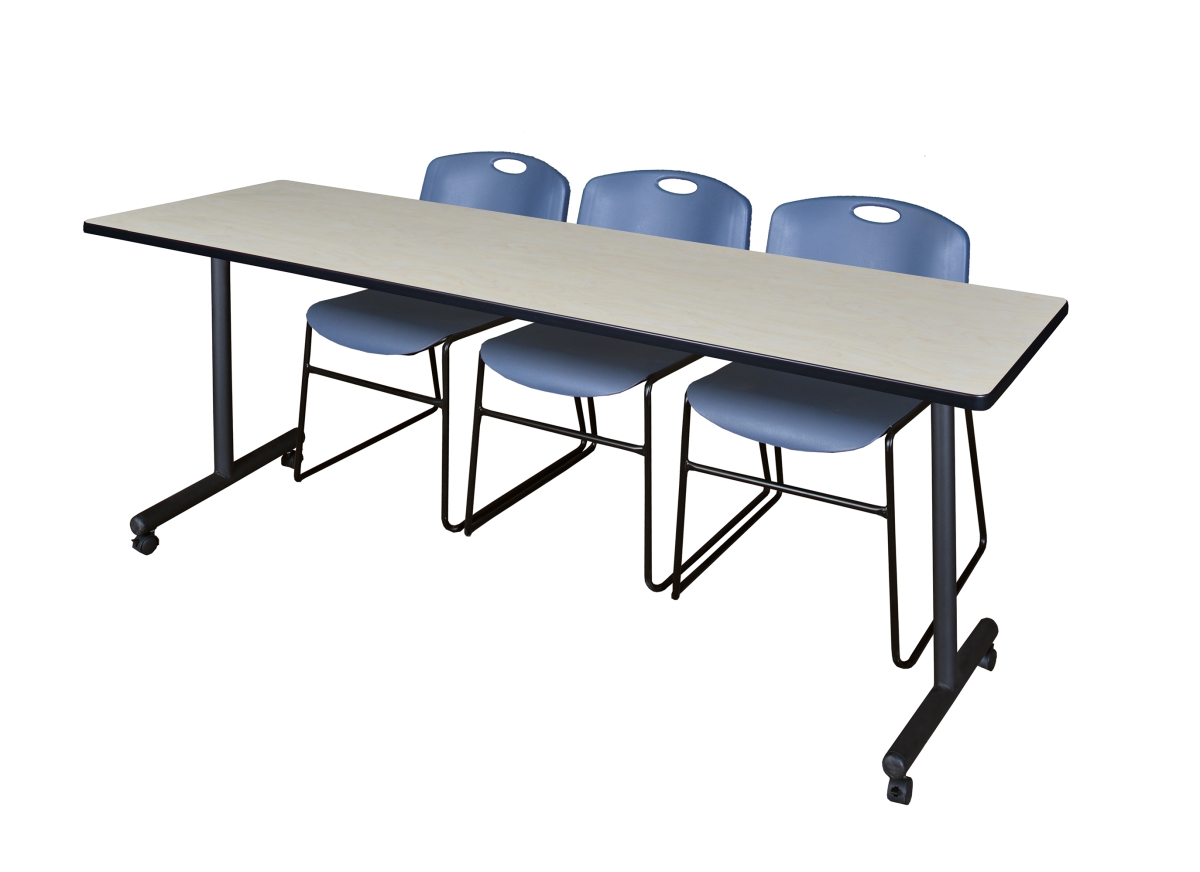 84 x 24 in. Kobe Mobile Training Table with Maple & Blue 3 Zeng Stack Chairs