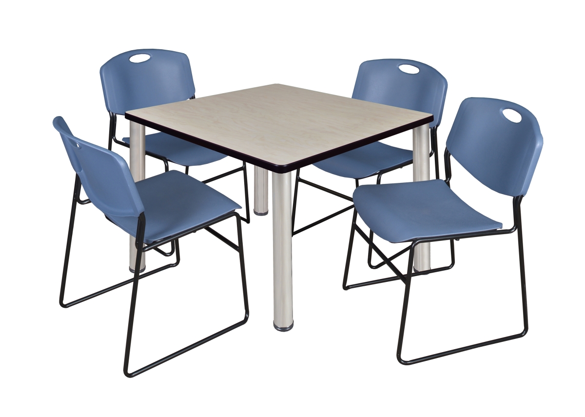 42 in. Kee Square Breakroom Table, Maple & Chrome & 4 in. Zeng Stack Chairs - Blue