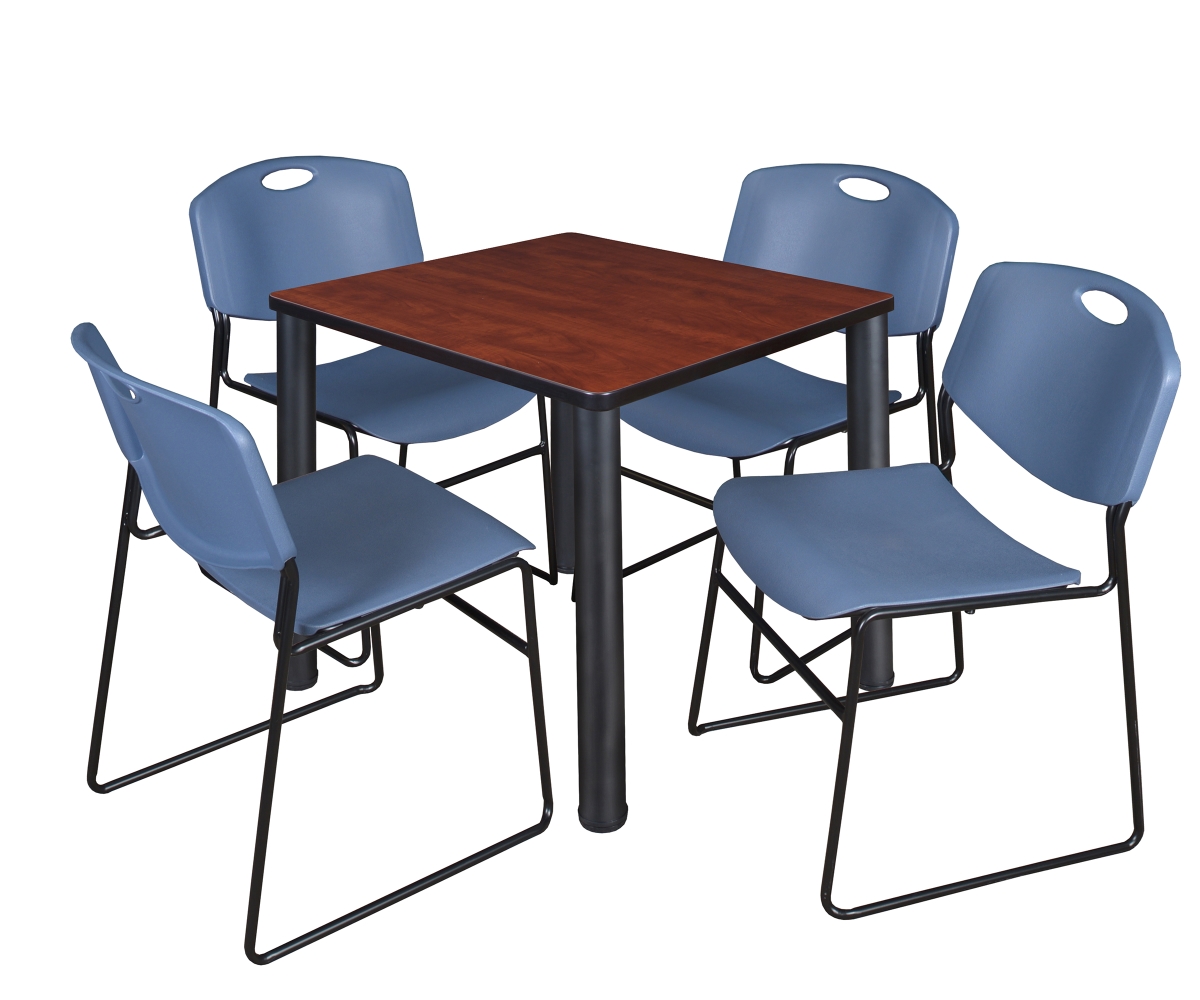 TB3030CHBPBK44BE Cherry 30 in. Kee Square Breakroom Table with Black & Blue 4 Zeng Stack Chairs